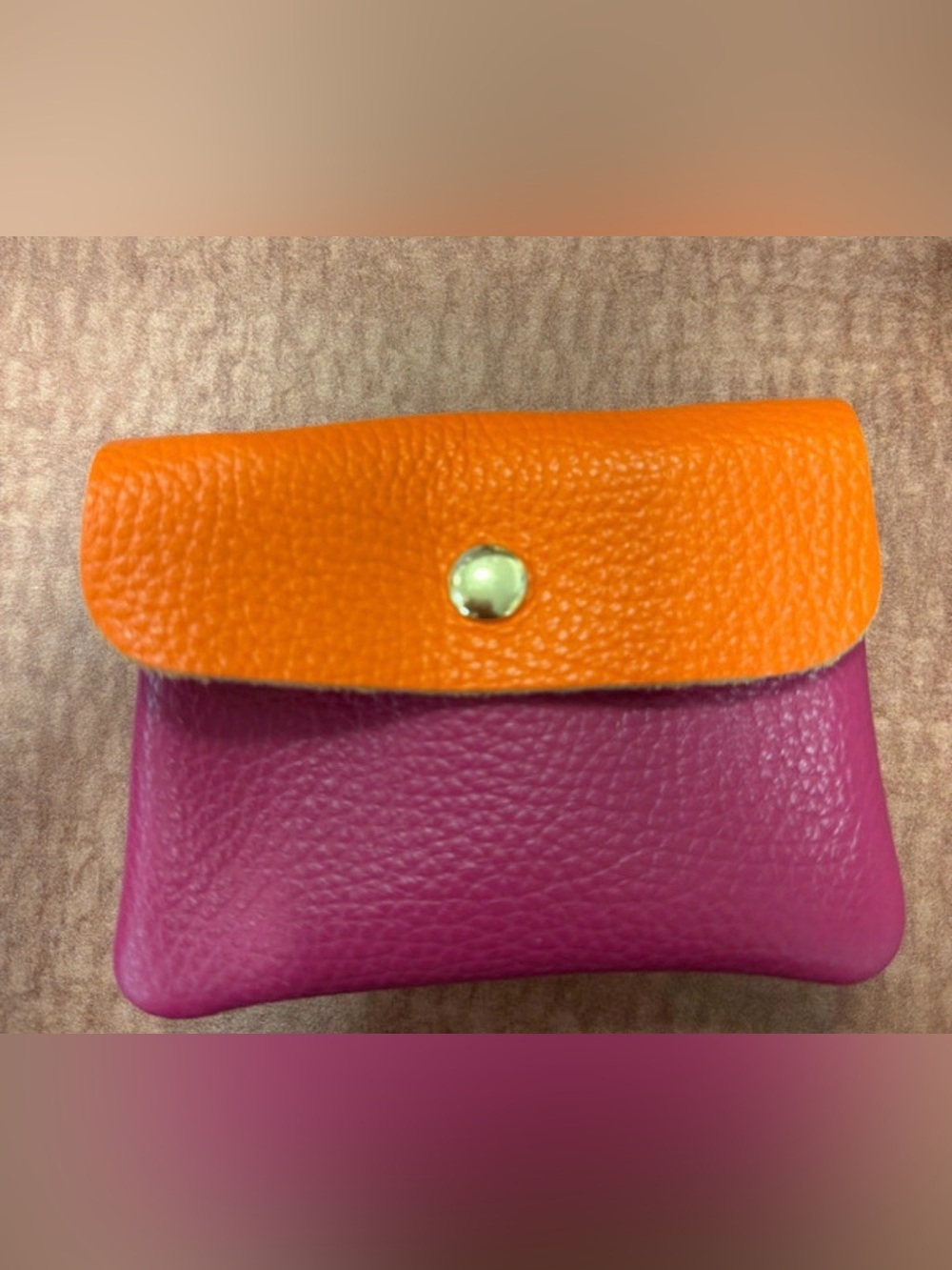 New Two-Tone Orange and Fuchsia Leather Mini Wallet/Coin Purse